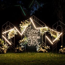 The Neon Love is in the air features an illuminated metal frame adorned with white flowers and a glowing "Love is in the Air" neon sign, perfect for outdoor nighttime displays.