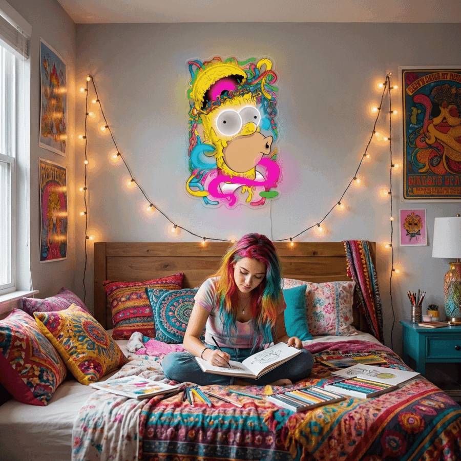 A young woman with colorful hair sits cross-legged on a bed in an eclectic bedroom, drawing in a sketchbook. Art supplies and books lie nearby, while an Abstract Neon Sign Homer and posters decorate the vibrant room.