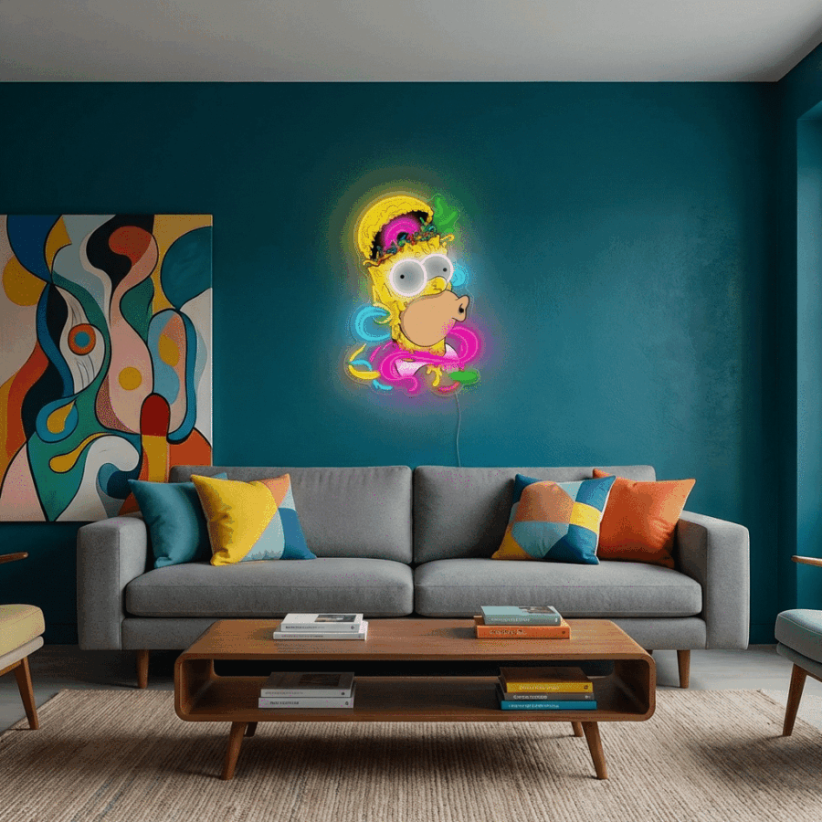 A modern living room with a gray sofa, colorful cushions, a wooden coffee table, abstract wall art, and the Abstract Neon Sign Homer glowing on a teal wall.