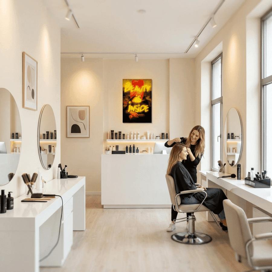 A hair stylist styles a seated client's hair in a modern, brightly lit salon with mirrors, shelves, beauty products, and a neon sign that reads "Beauty is Inside.