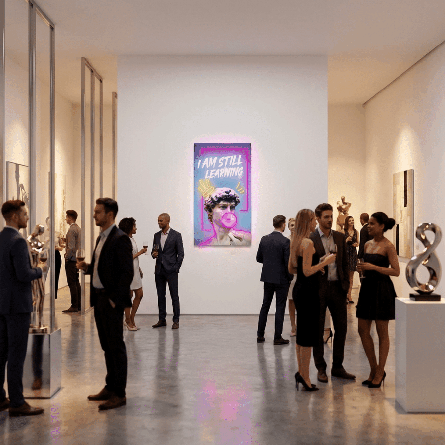 People in formal attire mingle and admire sculptures and a brightly lit Neon Sign David Bubble Gum artwork in a modern gallery. The central piece features the phrase, "I AM STILL LEARNING.