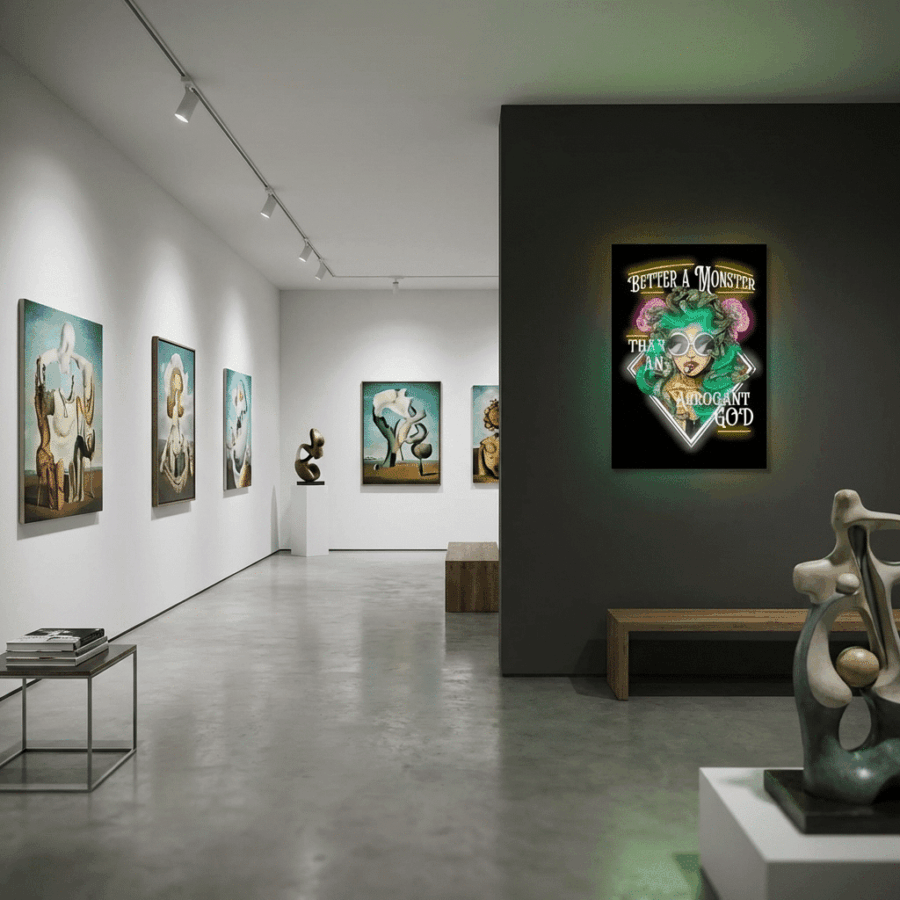 Modern art gallery featuring abstract works and sculptures; a brightly-lit Neon Sign Goddess Medusa illuminates the gray wall with the words, "Better a monster than an arrogant god.