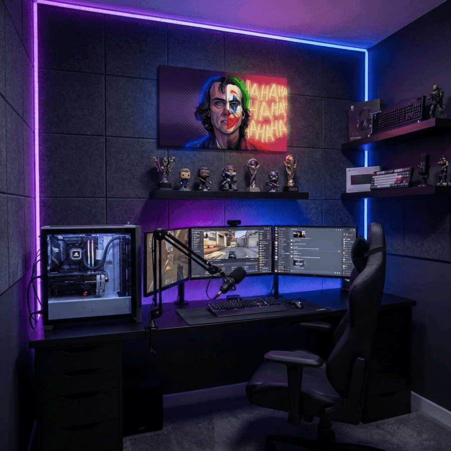 A gaming and streaming setup with dual monitors, a gaming chair, LED lighting, collectibles on shelves, and a Neon Sign Joker artwork on the wall.