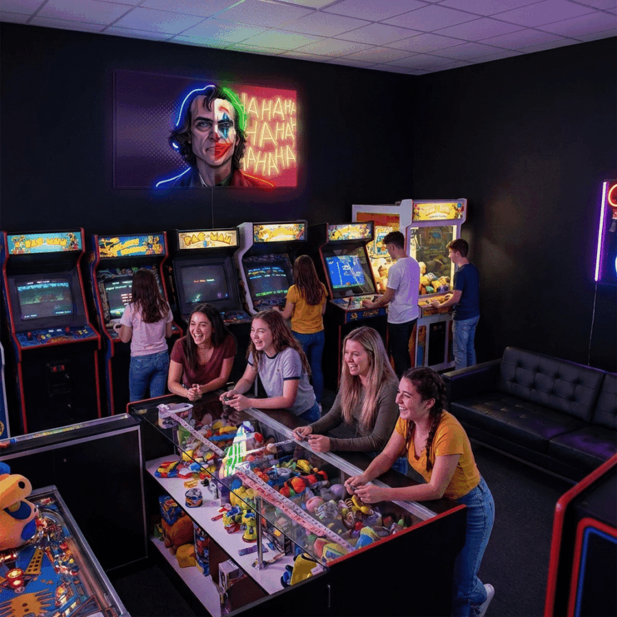 A group of young adults play arcade games and claw machines in a retro-themed game room with neon lights and a Neon Sign Joker on the wall.