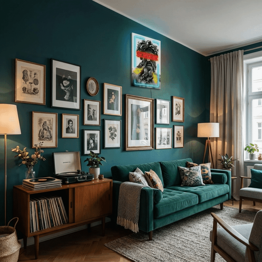 A stylish living room with teal walls, a green velvet sofa, wooden furniture, lamps, houseplants, wall art, a "Oh My God" neon sign, and a window with beige curtains.
