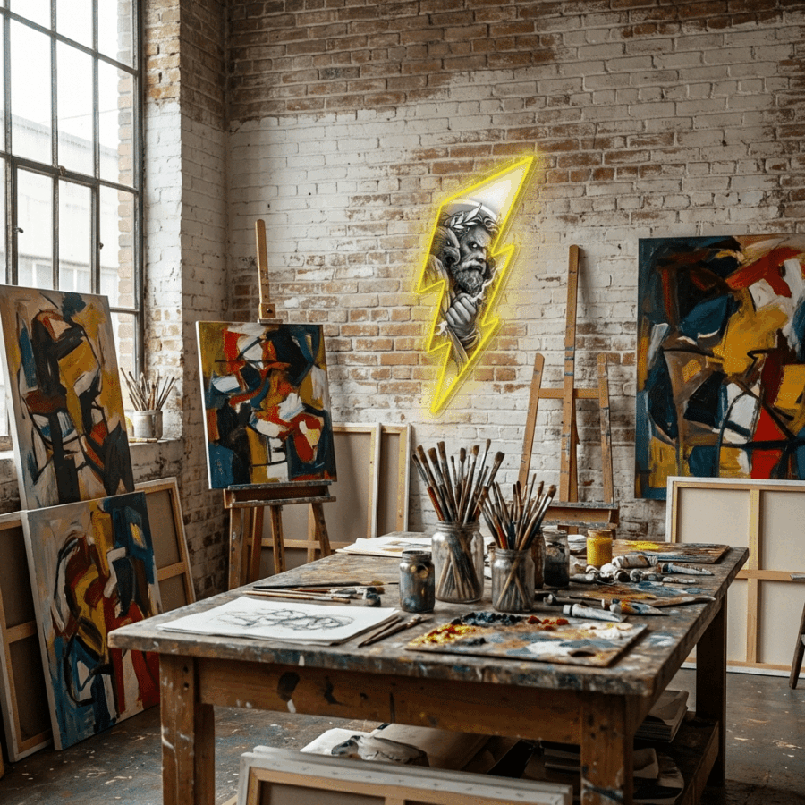 An artist studio with abstract paintings, a central worktable with brushes and paints, and the Neon Sign Zeus Lightning featuring a grayscale face as wall art on an exposed brick wall.