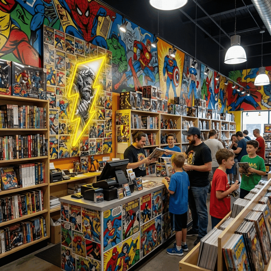 Comic book store interior featuring colorful superhero murals, shelves of comics and collectibles, a glowing Neon Sign Zeus Lightning above the counter, and several customers browsing and chatting.