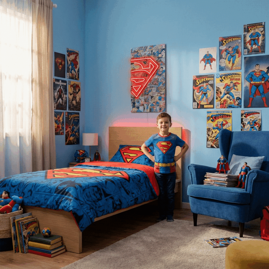 A child stands smiling in a Superman-themed bedroom with blue walls, comic posters, superhero bedding, and a bright Superman Neon Sign lighting up the room.