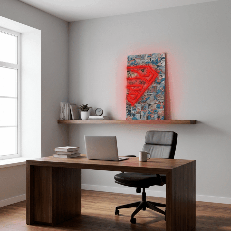 A modern office with a wooden desk, laptop, and chair features the Superman Neon Sign glowing above a floating shelf with decor items.