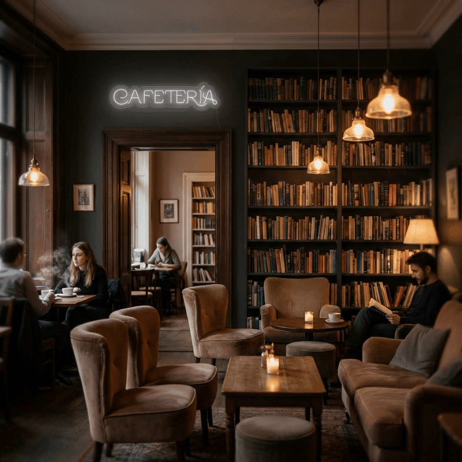 A cozy café interior features Neon Letters for Cafés casting a warm glow, with bookshelves along the walls, velvet armchairs, and people relaxing with coffee or reading at small tables under soft lighting.