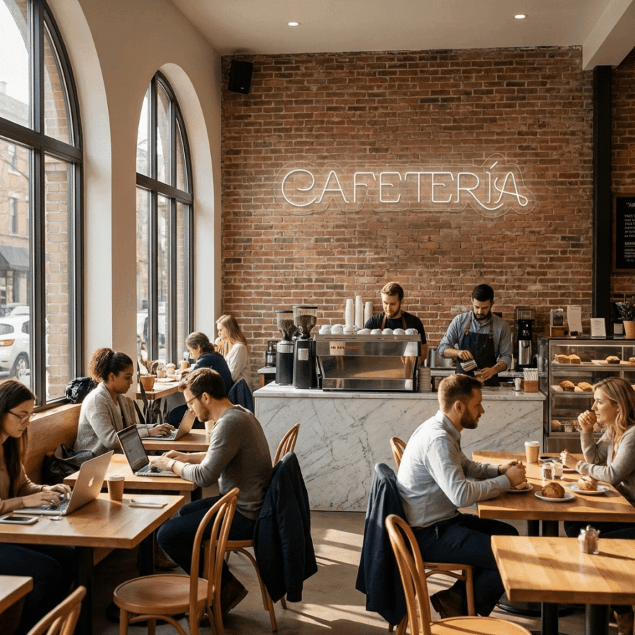 People sit at wooden tables with laptops and chat in a modern café with large windows, brick walls, and Neon Letters for Cafés spelling "CAFETERIA" above the marble coffee counter.