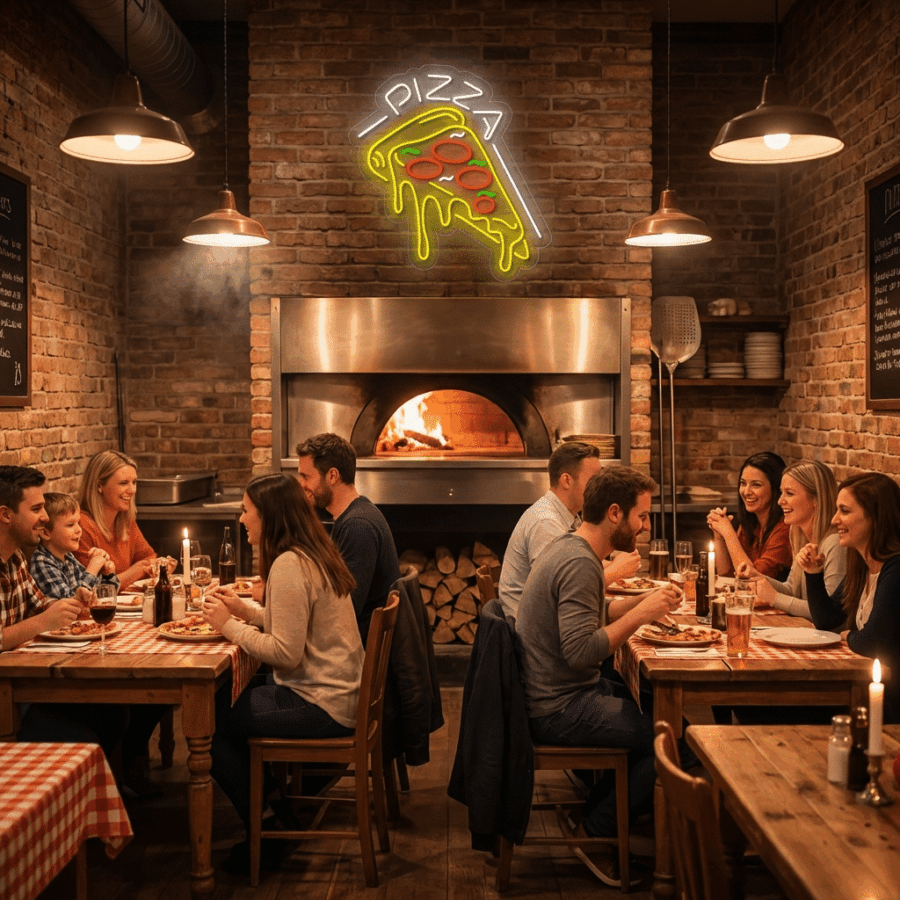 A group enjoys pizza at wooden tables in a rustic pizzeria with a brick oven and the Neon Sign Pizza glowing brightly on the wall.