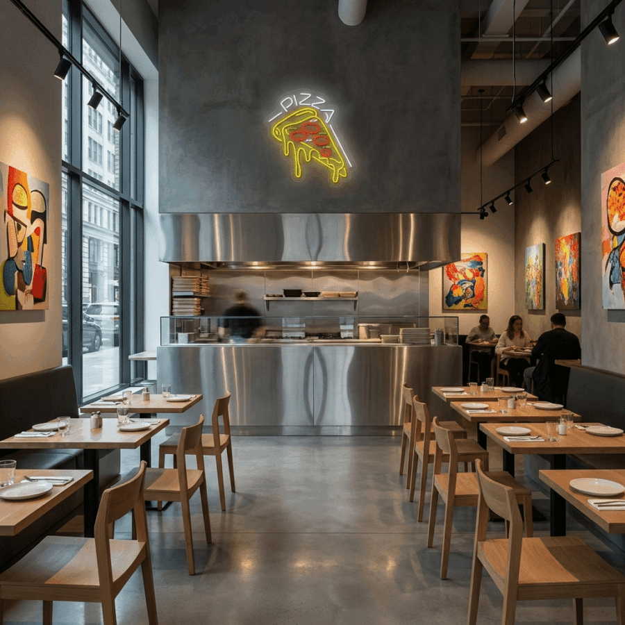 Modern pizzeria interior with wooden tables, colorful wall art, and a Neon Sign Pizza above a stainless steel open kitchen. A few people are seated near the back.