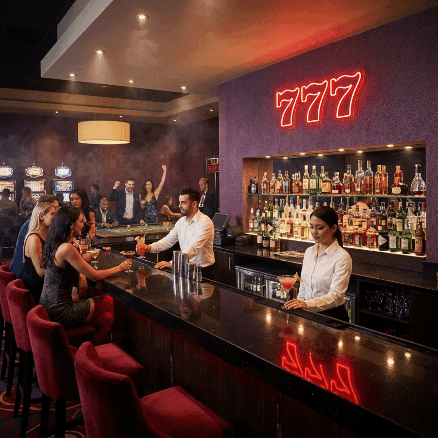 In a casino, patrons sit and stand at the bar as bartenders serve drinks; bottles are displayed on shelves beneath the glowing Neon 777 sign.