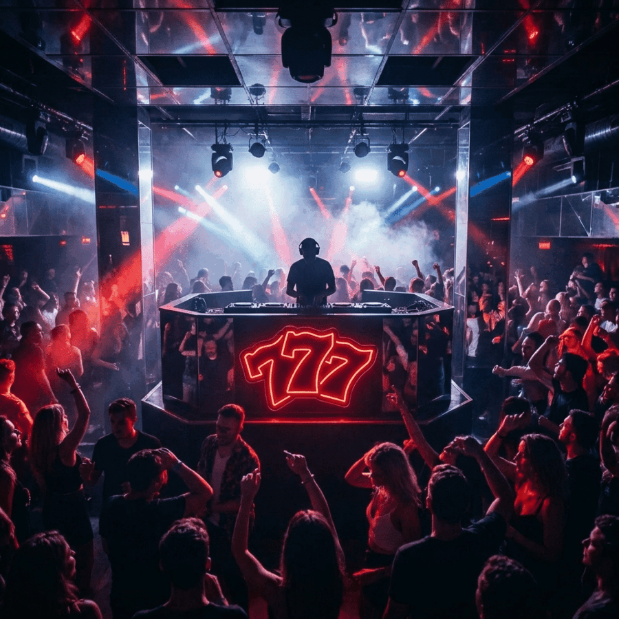 A DJ performs on a raised platform featuring the Neon 777 sign, while a crowd dances under vibrant red and blue lights in a crowded nightclub.