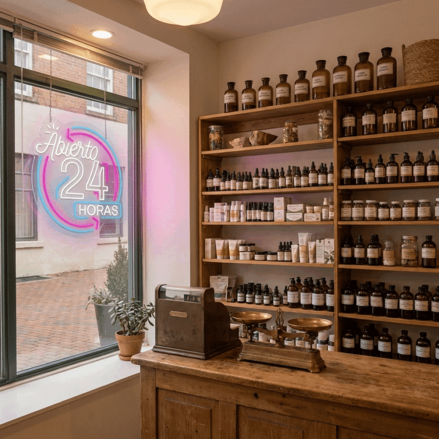 A pharmacy with shelves of bottles and jars, an old-fashioned scale, a cash register, and an Open 24 Hours Neon Sign glowing in the window.