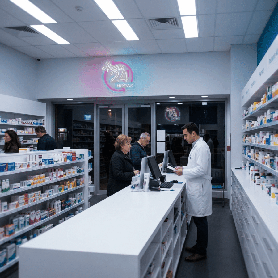 A pharmacist helps customers at the counter in a brightly lit pharmacy with shelves of medications and an Open 24 Hours Neon Sign.