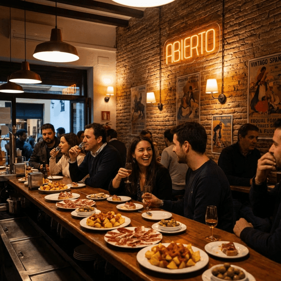 Customers gather at a long bar enjoying tapas and conversation beneath an Open Neon sign, surrounded by exposed brick walls and vintage posters.