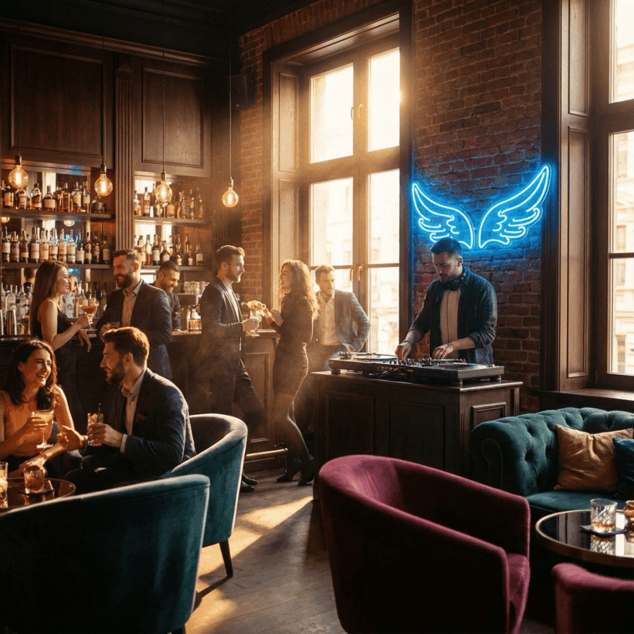 Guests mingle in a chic bar with velvet seats, as a DJ spins tracks beside the Angel Wings Neon sign mounted on an exposed brick wall.