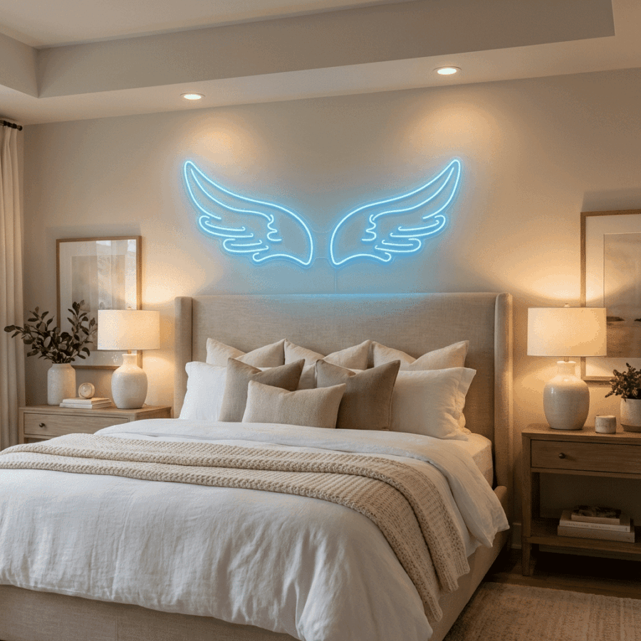 A modern bedroom features a beige bed, matching nightstands, and the Angel Wings Neon light above the headboard. Two lamps and framed art are placed on either side of the bed.
