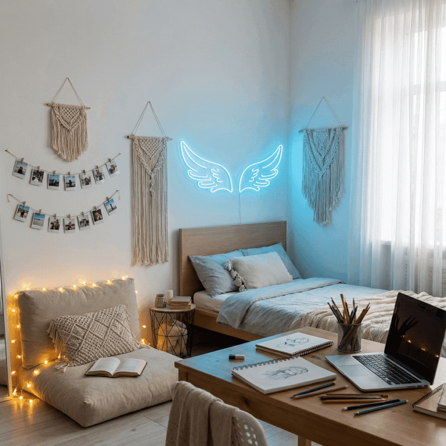 A cozy bedroom with a bed, desk, laptop, sketchbooks, string lights, polaroid photos, macramé wall hangings, and an Angel Wings Neon light above the bed.