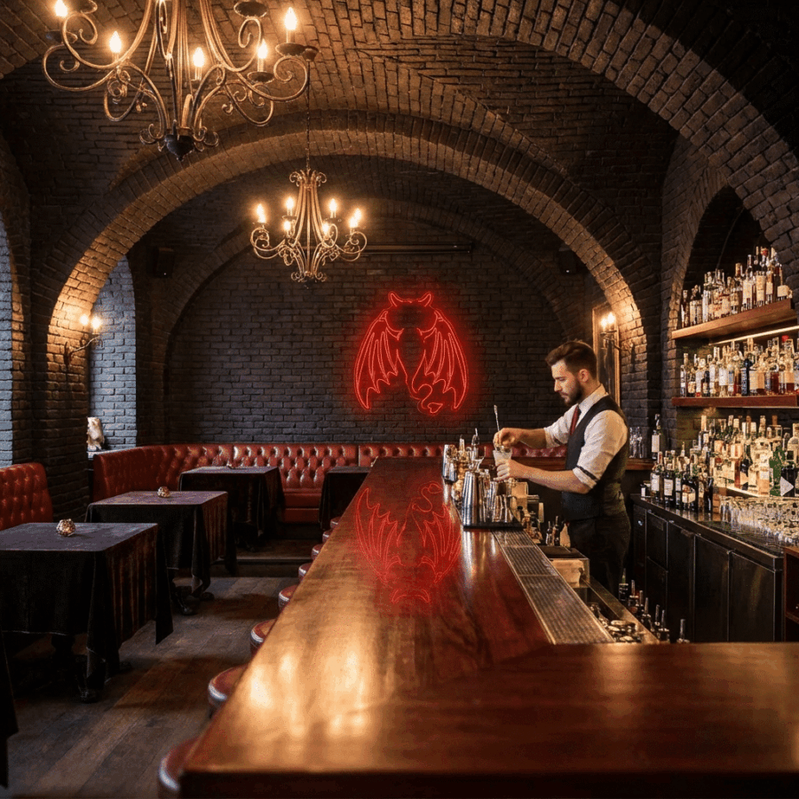 A bartender mixes drinks behind a wooden bar in a dim lounge with red leather seats, brick walls, and a glowing Demon Wings Neon sign overhead.