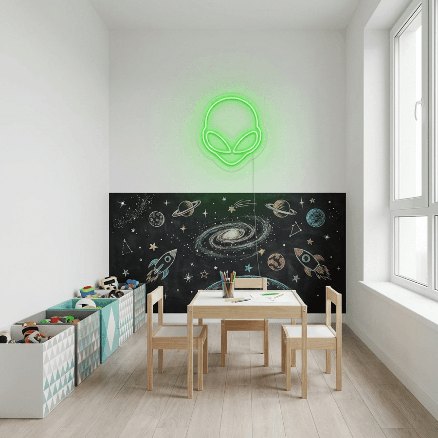 Children’s playroom featuring a small table with chairs, toy storage bins, a space-themed wall mural, and the eye-catching Alien Neon green head light.