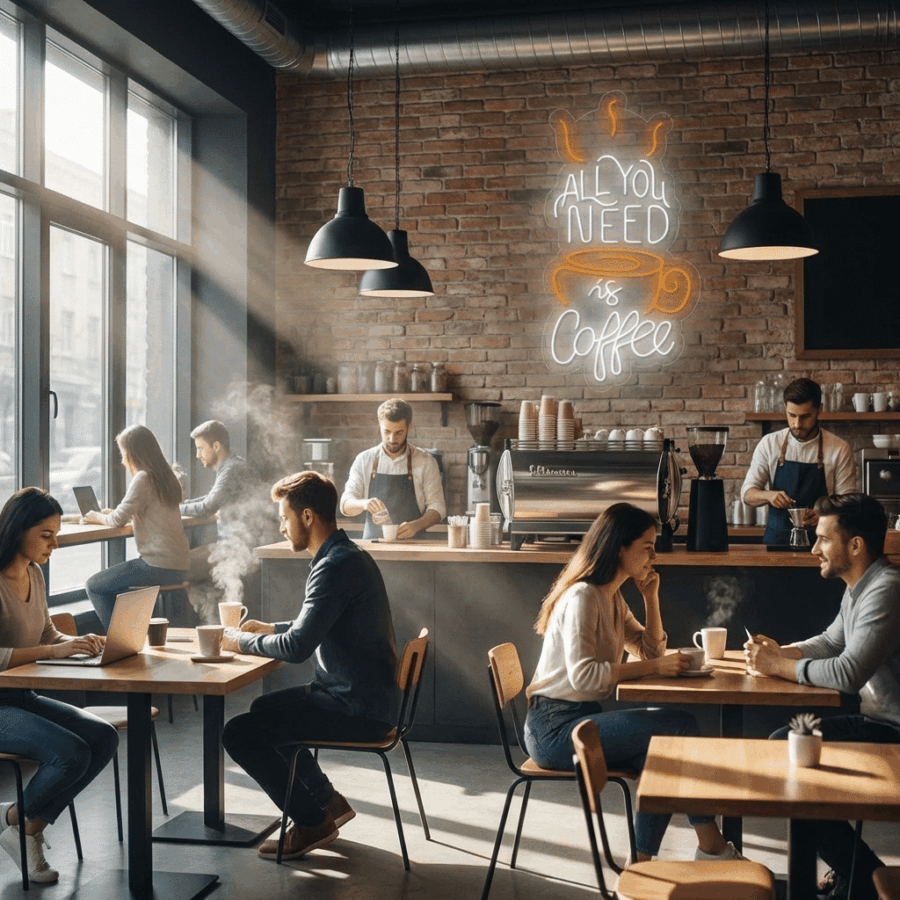 People sit at tables working and chatting in a modern coffee shop with large windows, exposed brick walls, and a Neon All you need is coffee sign.