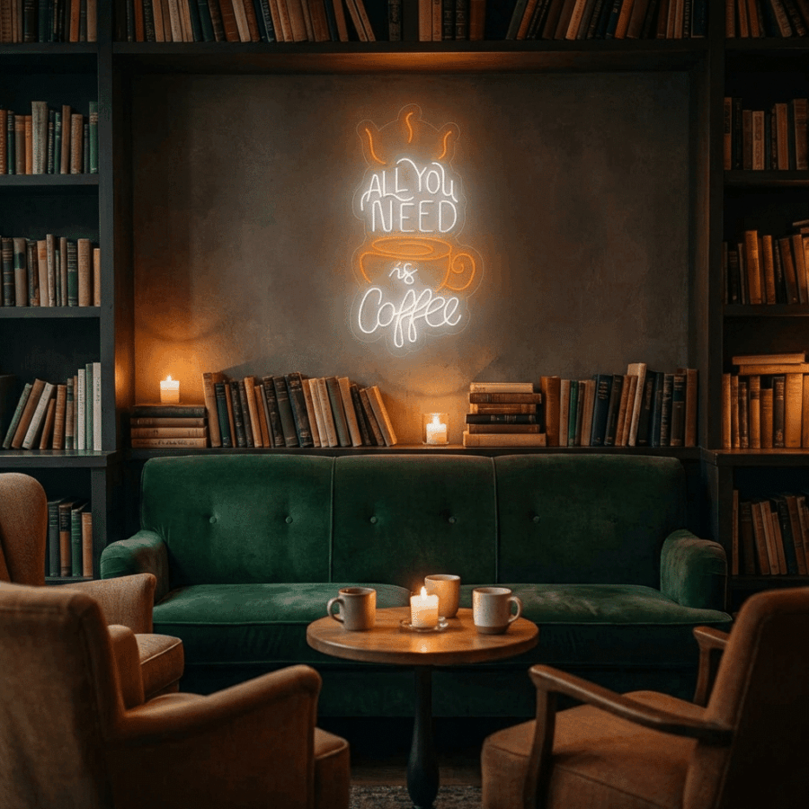 A cozy room with bookshelves, a green velvet sofa, candles, three coffee mugs on tables, and the "Neon All you need is coffee" sign glowing on the wall.