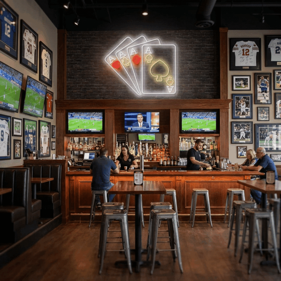 A sports bar with framed jerseys and photos, a Neon ASES sign in playing card design, TVs showing sports, a wooden bar, and several patrons seated on stools.