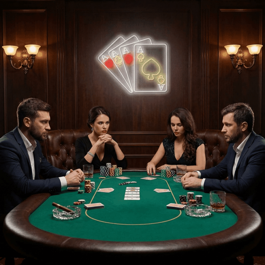 Four people sit at a poker table with cards, chips, and drinks while the Neon ASES sign featuring four aces glows on the wooden wall behind them.