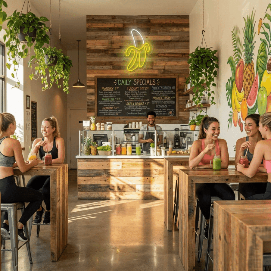Four women enjoy smoothies at wooden tables in a bright juice bar featuring the Banana Neon sign glowing beside a tropical fruit mural and daily specials. A staff member stands behind the counter.