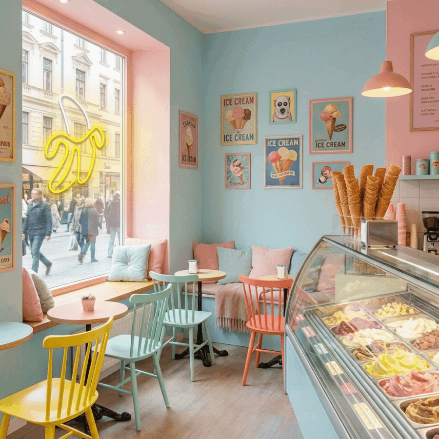 Colorful ice cream shop interior with pastel chairs and tables, framed ice cream posters on light blue walls, a Banana Neon sign by Banana Neon, and a display case filled with various gelato flavors.
