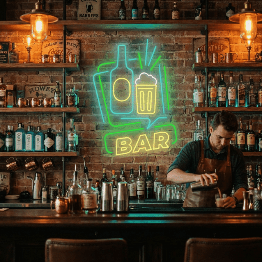 A bartender makes a drink behind a bar with shelves of bottles and the Neon BAR sign—featuring a bottle, glass, and the word "BAR"—illuminating an exposed brick wall.