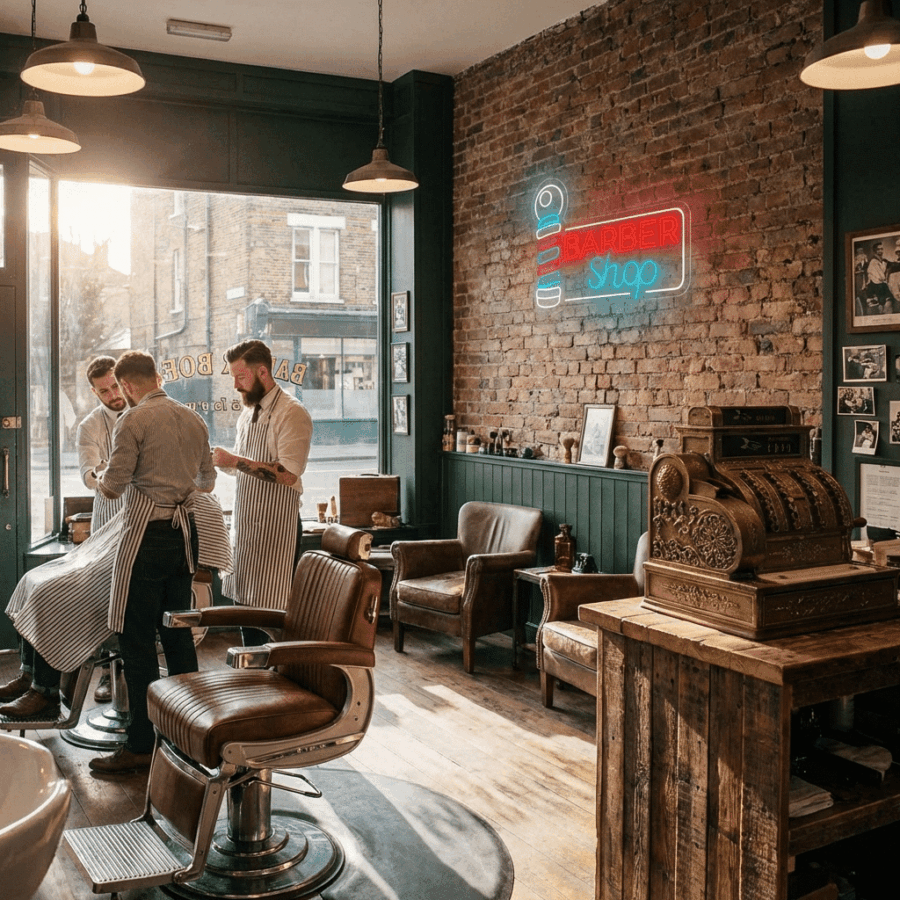 Neon Barber: A barbershop with vintage decor, leather chairs, a neon sign, and two barbers in striped aprons serving a customer by large front windows.