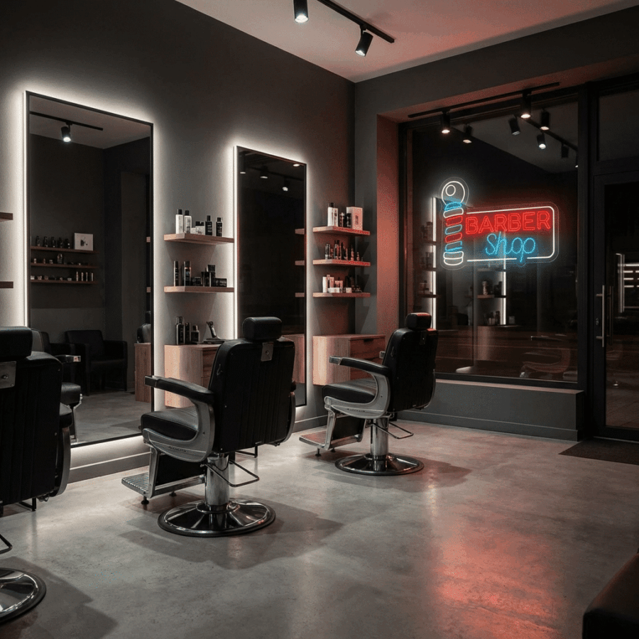 Modern barbershop interior featuring two chairs, illuminated mirrors, shelves with hair products, and a Neon Barber sign glowing in the window at night.