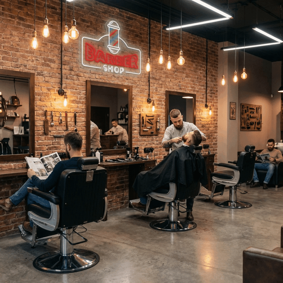Neon Barber Shop features exposed brick walls, vibrant neon signage, skilled barbers serving clients, and customers relaxing in stylish barber chairs.