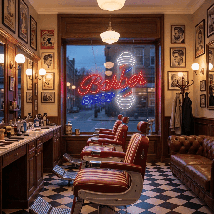 The Barber Shop Classic Neon sign brightens a vintage-style barber shop with red-striped chairs, framed photos on wood-paneled walls, and a checkered floor—creating an inviting retro atmosphere.