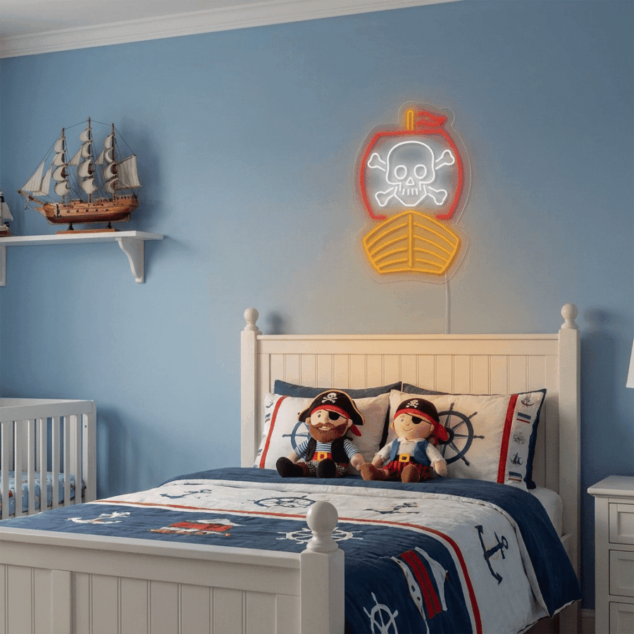 A child's bedroom with a nautical theme, featuring the Pirate Ship Neon light, pirate-themed bedding, plush pirate dolls on the bed, and a model ship displayed on a wall shelf.