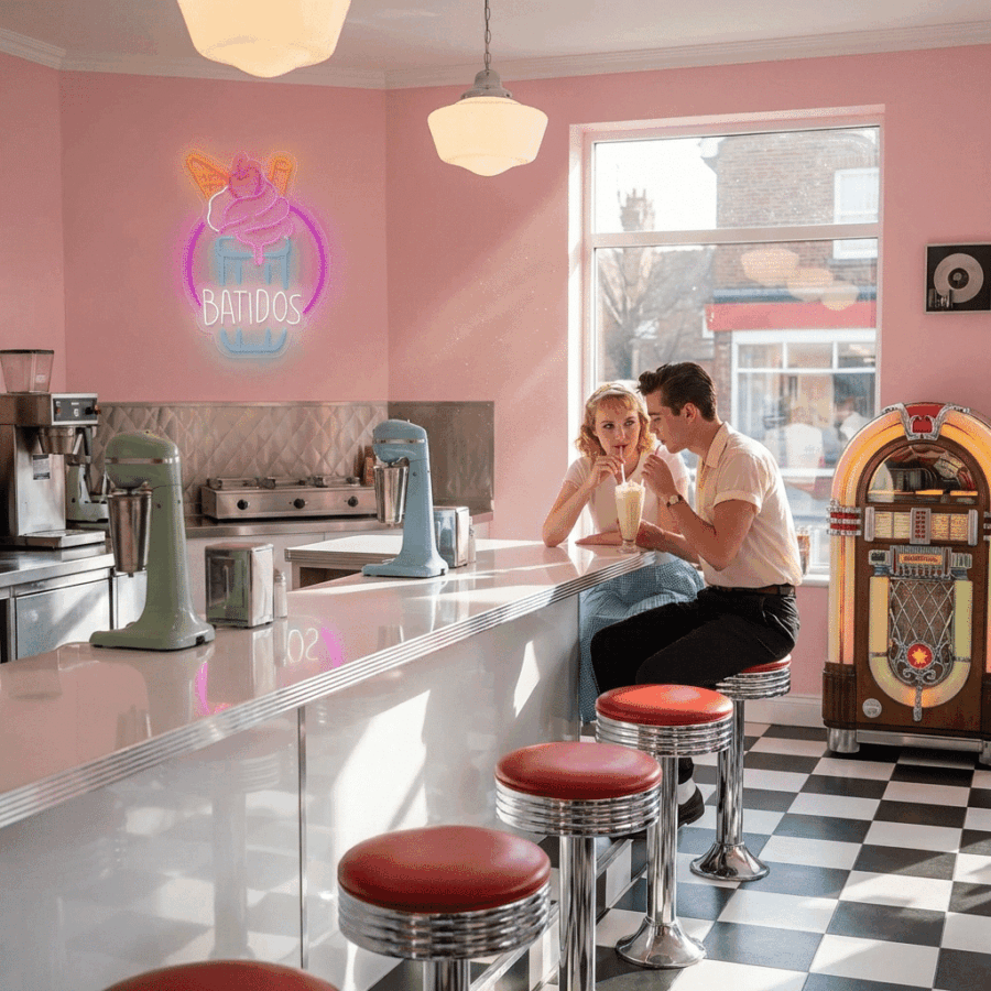 A couple sits at the counter of a retro diner with pink walls, sharing Neon Shakes. In the background, a neon "Batidos" sign and a softly glowing jukebox enhance the vintage vibe.