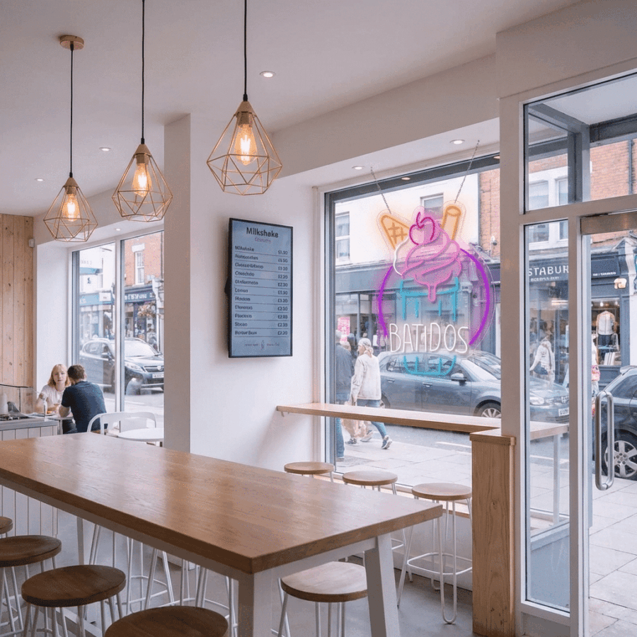 Modern milkshake café interior with pendant lights, wooden tables, and stools. A large window displays a bright Neon Shakes sign reading “Batidos,” glowing above a lively street filled with shops.