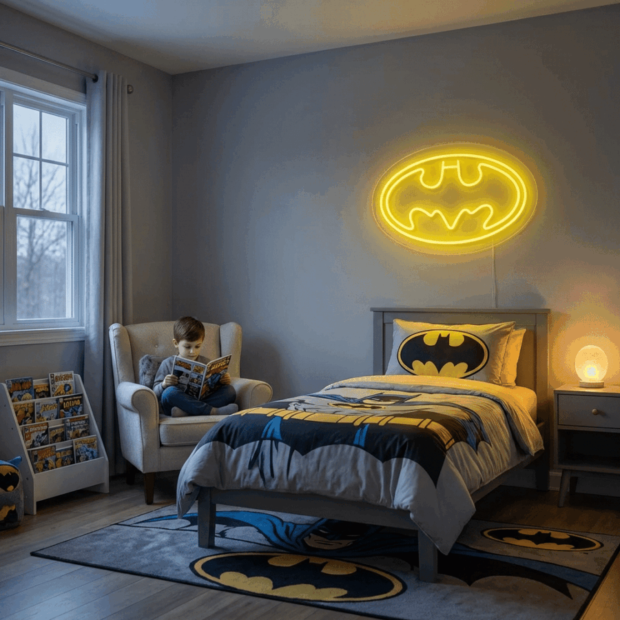 A child reads in a bedroom decorated with Batman-themed bedding, a Batman rug, and the Batman Neon glowing logo on the wall.