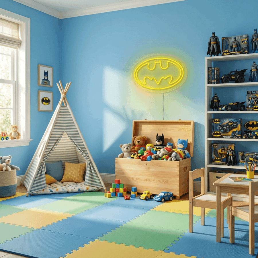 A child's playroom with blue walls, a striped teepee, foam puzzle mat, toy chest of stuffed animals, shelves of Batman toys, and a glowing Batman Neon on the wall.