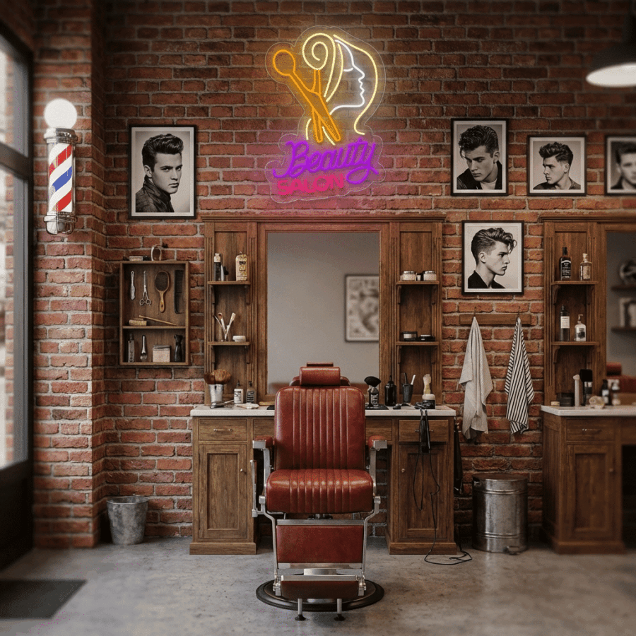 Barber shop featuring a vintage red chair, wooden counters, grooming tools, framed hairstyle photos on brick walls, and the vibrant Neon Beauty Salon sign glowing above the mirrors.