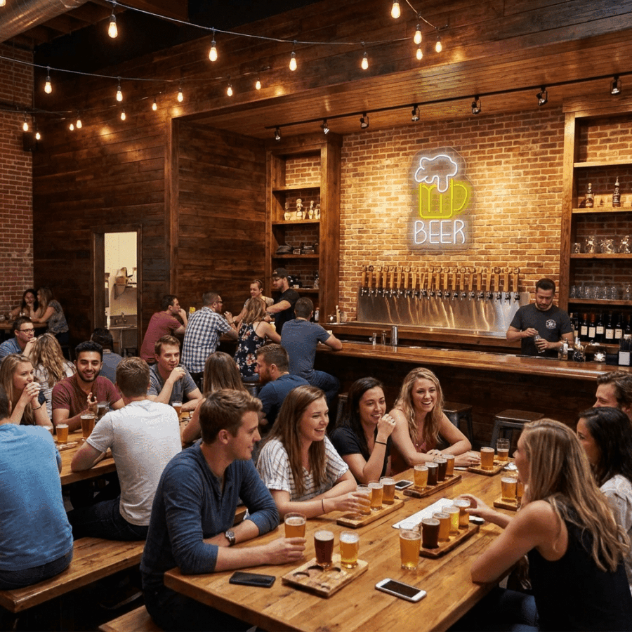 People sit at wooden tables drinking beer in a rustic bar with string lights, a brick wall, and Neon Beer and Neon Coffee with Cup signs glowing above multiple taps behind the bar.