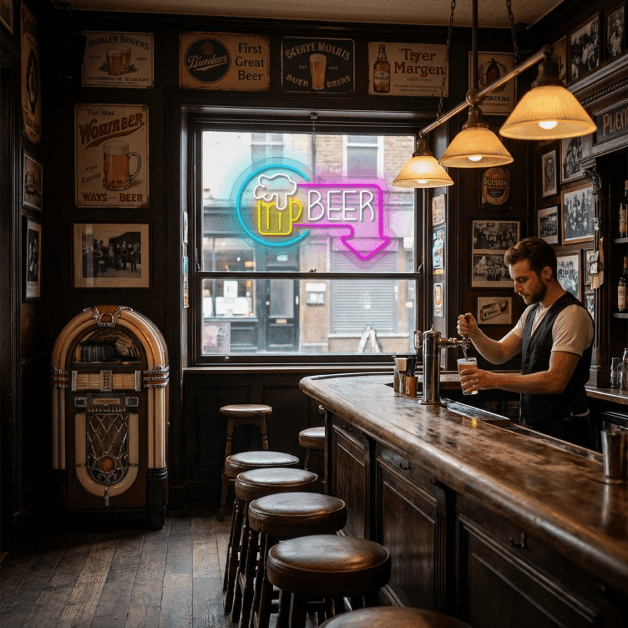 A bartender makes a drink behind a wooden bar in a pub adorned with vintage signs, a jukebox, and the Neon Beer with Arrow sign glowing vibrantly in the window.