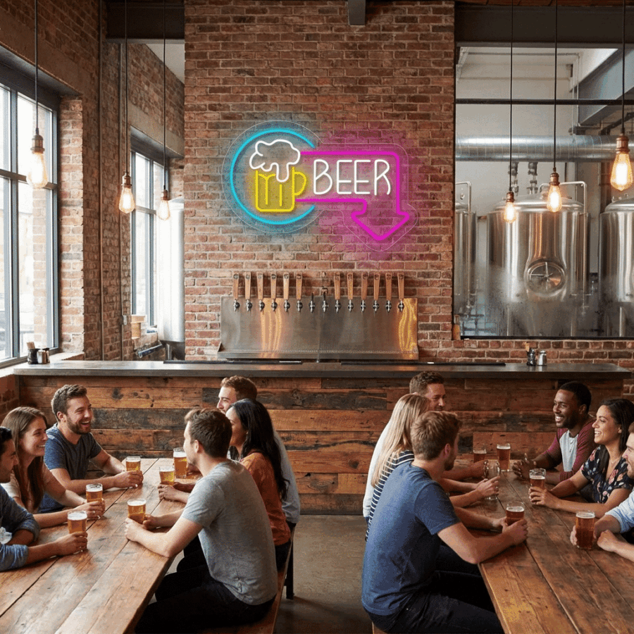 People sit at wooden tables in a brewery, chatting over beer. Behind them, the Neon Beer with Arrow sign glows above taps on a brick wall, with brewing tanks visible through the glass.