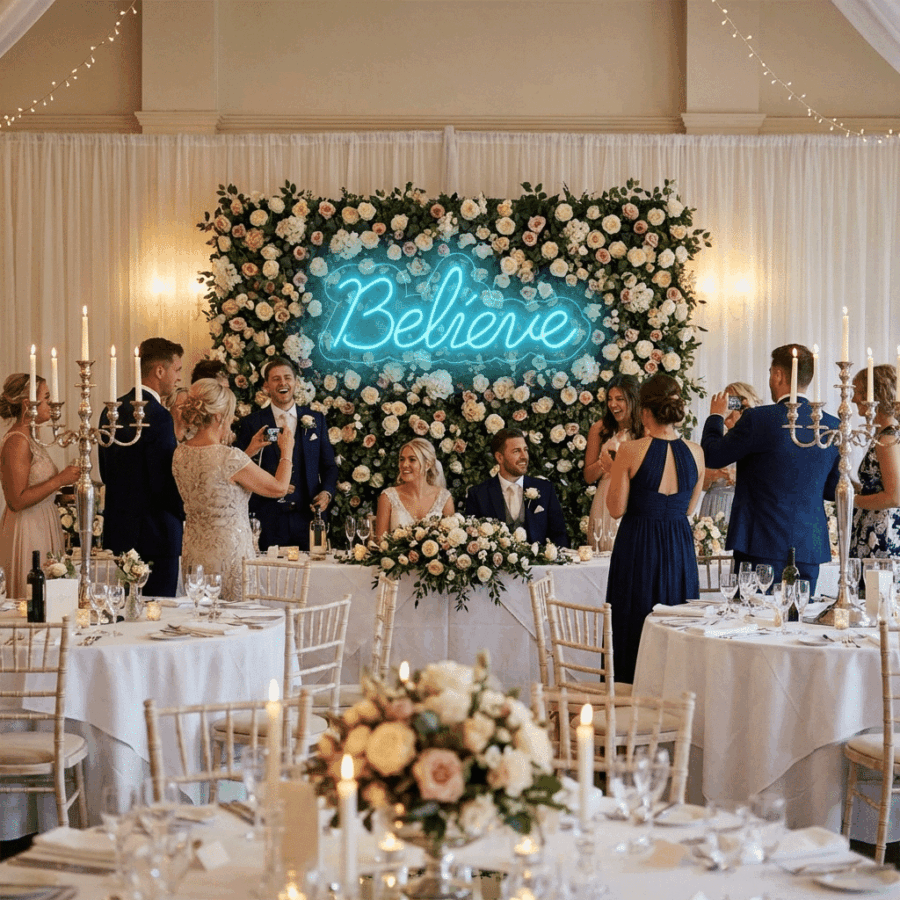 At a wedding reception, guests gather around the bride and groom seated at a flower-decorated table, with the Neon Believe sign glowing on a floral backdrop behind them.