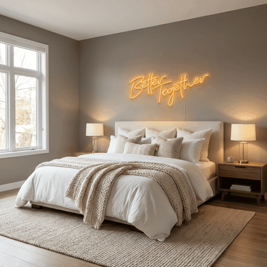 A modern bedroom with a neatly made bed, neutral bedding, two bedside tables with lamps, and the Better Together Neon sign on the wall above the headboard.