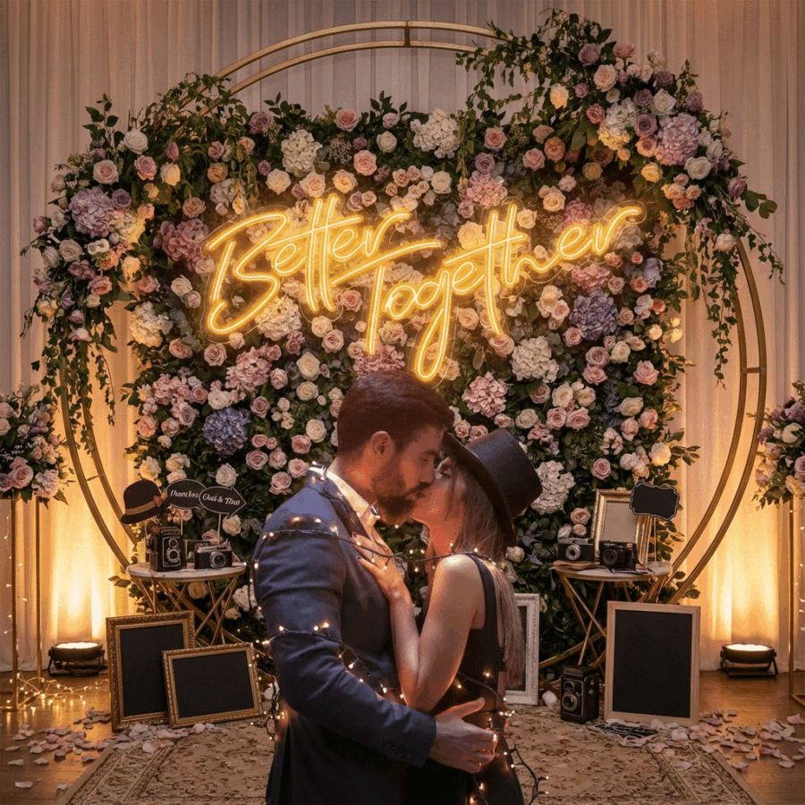 A couple embraces before a floral backdrop featuring the Better Together Neon sign, surrounded by vintage cameras and empty picture frames.